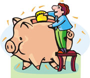 man saving money in big piggy bank